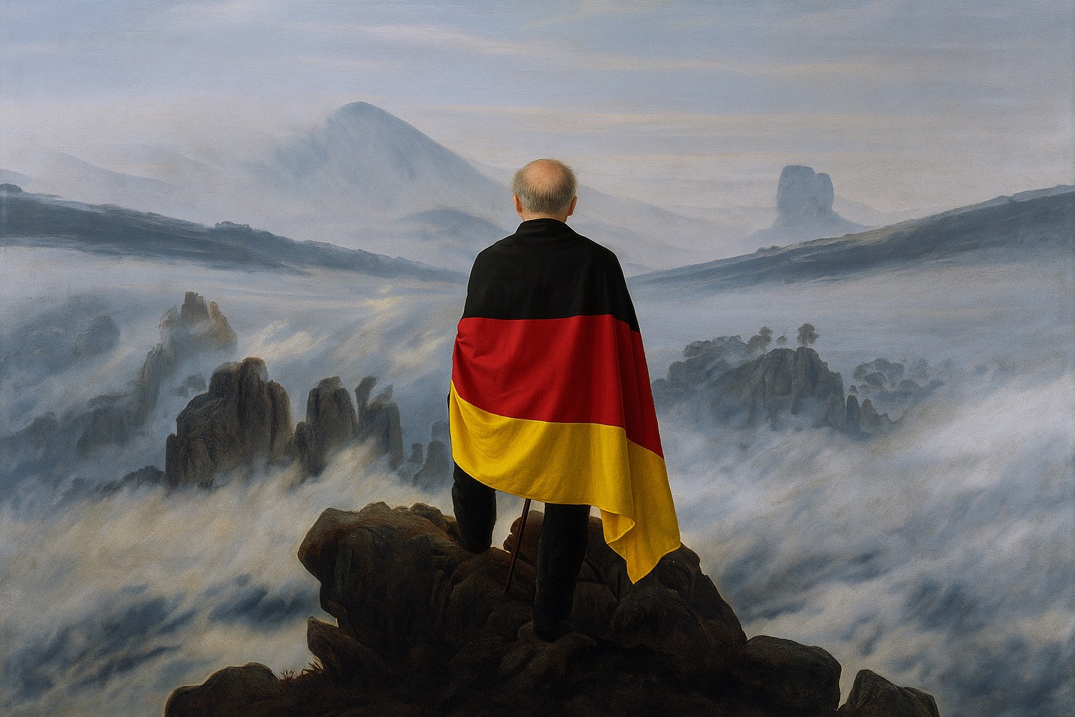 Man wrapped in german flag looking at clouds