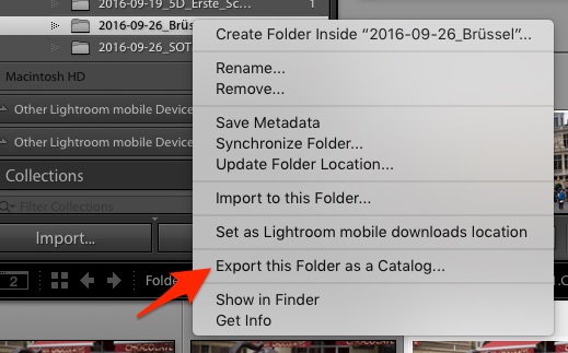Lightroom, export folder as catalog